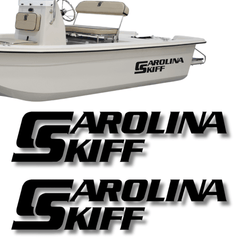 White Carolina Skiff boat with branding on a white background