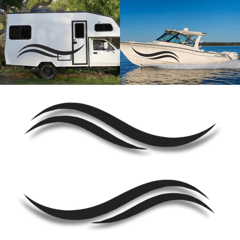 2pc Universal Boat, RV & Car Stripe Decal Set shown on an RV and boat for a sleek custom look.