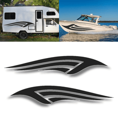 2pc Universal Boat, RV & Car Stripe Decal Set in black vinyl, showcased on a camper and boat.