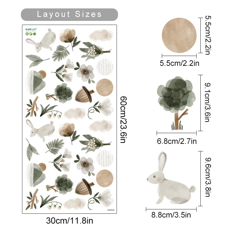 Boho Cartoon Wildflowers Woodland Animal Nursery Decor Watercolor Vinyl Wall Decals Print Kids Girls Room Interior Home Decor