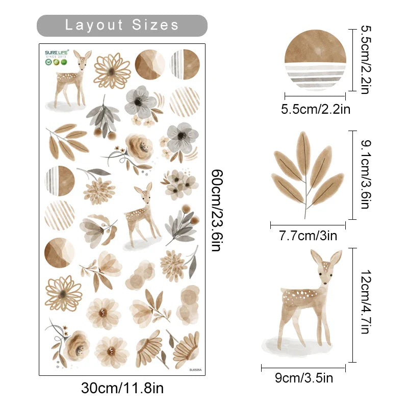 Boho Cartoon Wildflowers Woodland Animal Nursery Decor Watercolor Vinyl Wall Decals Print Kids Girls Room Interior Home Decor