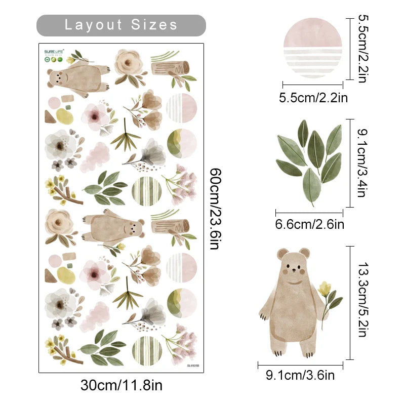 Boho Cartoon Wildflowers Woodland Animal Nursery Decor Watercolor Vinyl Wall Decals Print Kids Girls Room Interior Home Decor