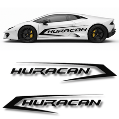 White sports car with 'Huracan' branding and three 'Huracan' logo designs below.
