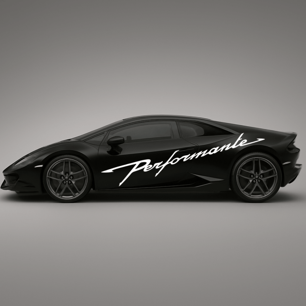 Black sports car with 'Performante' decal on a gray background