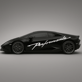 Black sports car with 'Performante' decal on a gray background