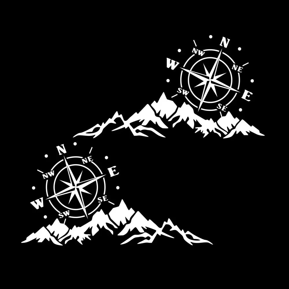 2PCS Mountain Adventurers Compass Car Sticker - Vinyl Graphics in Multiple Sizes (12", 16", 22", 28", 31") for RV, Camper, Truck