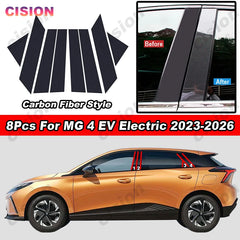Glossy Carbon Fiber Black Chrome Car Door Window Center BC Pillar Post Middle Column Cover Trim PC Sticker For MG 4 EV 2023-2026