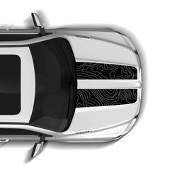 Top-down view of a silver car with a black and white design on the windshield.
