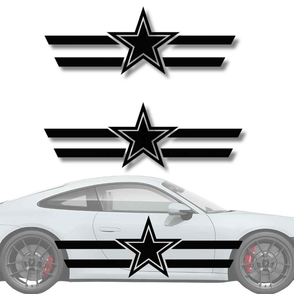 Dallas Cowboys Racing Stripe Decal set on a sleek car, featuring bold star designs and black stripes for fans.
