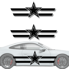 Dallas Cowboys Racing Stripe Decal set on a sleek car, featuring bold star designs and black stripes for fans.