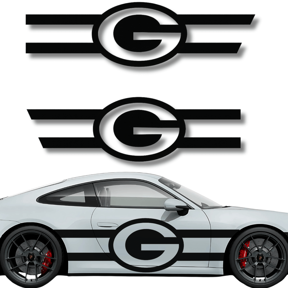 Green Bay Packers Racing Stripe Decal Set displayed on a sleek car, featuring a bold logo and universal fit design.