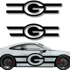 Green Bay Packers Racing Stripe Decal Set displayed on a sleek car, featuring a bold logo and universal fit design.