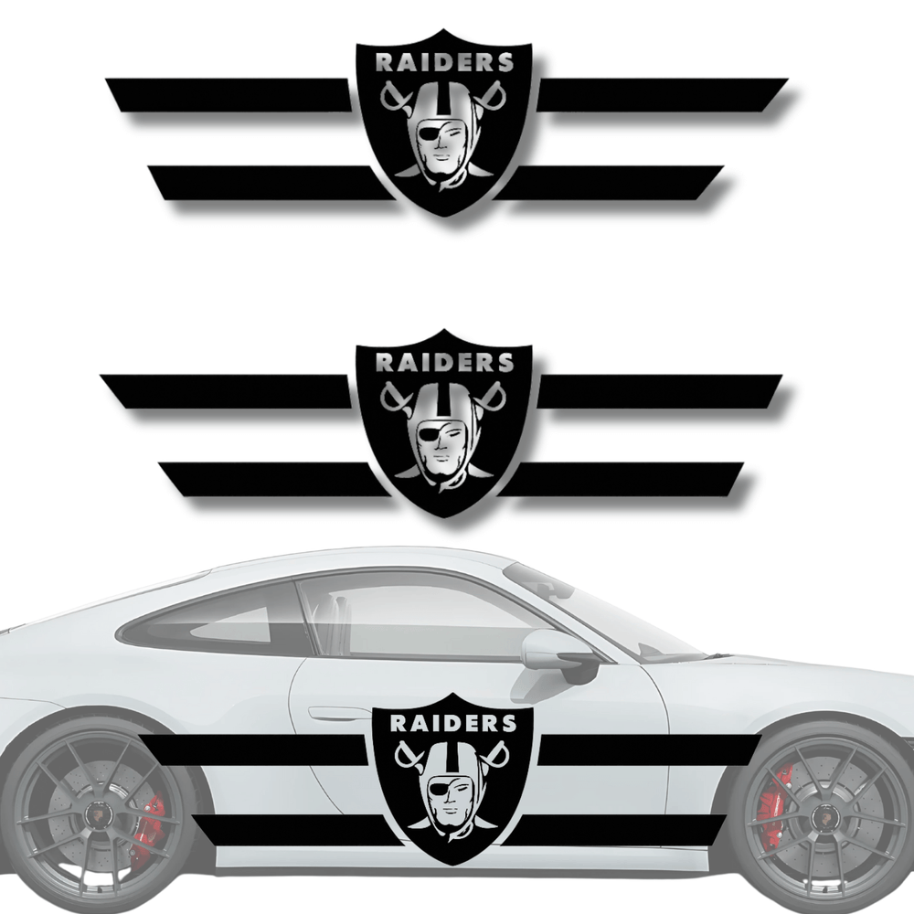 Las Vegas Raiders Racing Stripe Decal sticker design on a car, showcasing bold black stripes and logo.