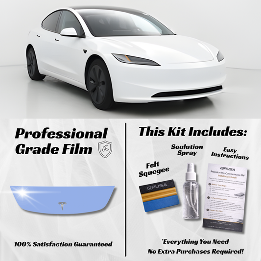 Tesla Model 3 2024+ Highland partial hood PPF protection kit installed on hood leading edge