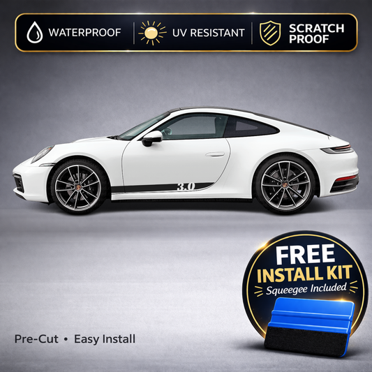 Porsche 911 Carrera 992 Rocker Stripe Decals with 3.0 Badge — Side Stripe Kit