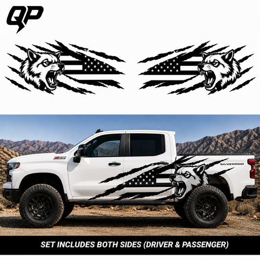 Wolf American Flag Vinyl Decal Set for Chevrolet Silverado – Premium Side Graphics