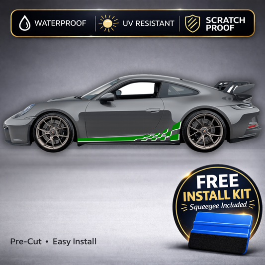 Porsche 911 GT3 (992) Checkered Racing Stripe Decals – Two-Tone Rocker Panel Kit