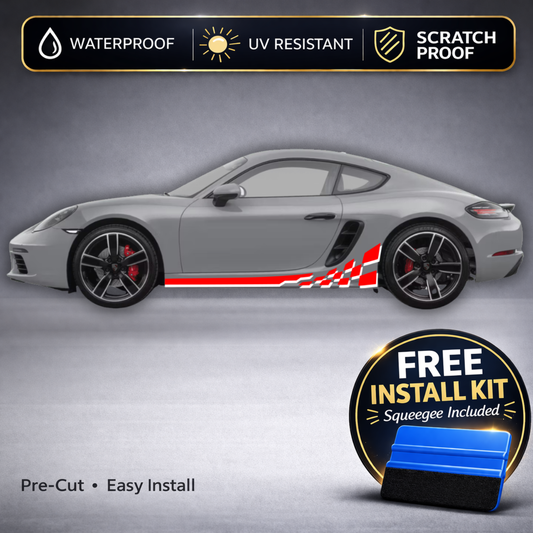 Porsche 718 Cayman Checkered Racing Stripe Decals | Two-Tone Rocker Panel Kit
