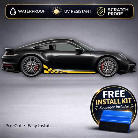 Porsche 911 Turbo Checkered Racing Stripe Decals (992) – Two-Tone Rocker Panel Kit