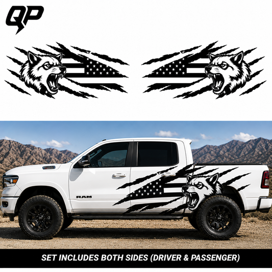 Wolf American Flag Vinyl Decal Set for Ram 1500 – Premium Side Graphic Kit