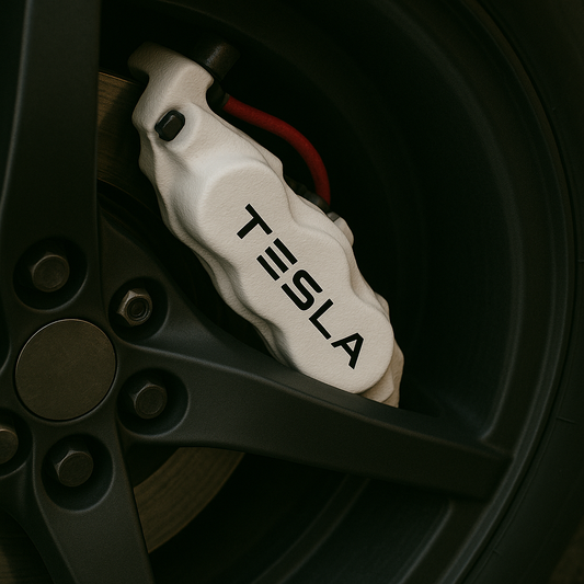 Tesla brake caliper decal set of 4 installed on Tesla wheel calipers