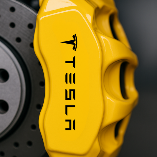 Tesla logo brake caliper decals set of 8 premium vinyl graphics installed on Tesla brake calipers