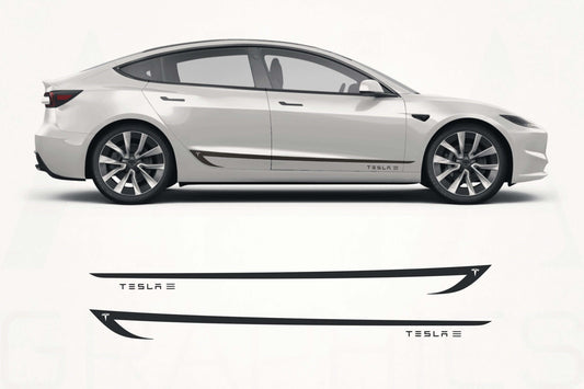 White Tesla Model 3 with Refresh-style Highland side stripe rocker panel decals