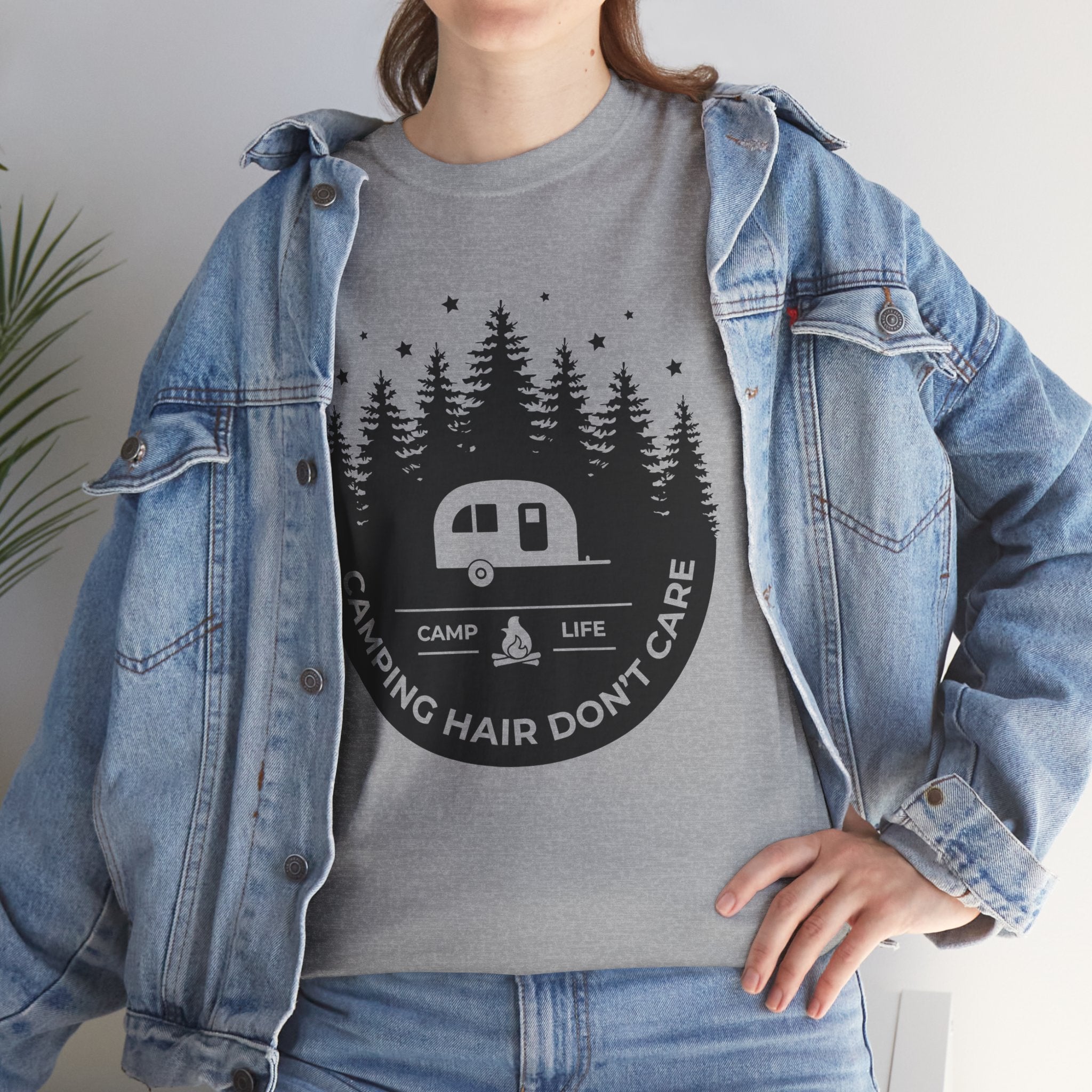 Funny Camping T-Shirt Camping Hair Don't Care Men's Women's Cute Outdoors Tee