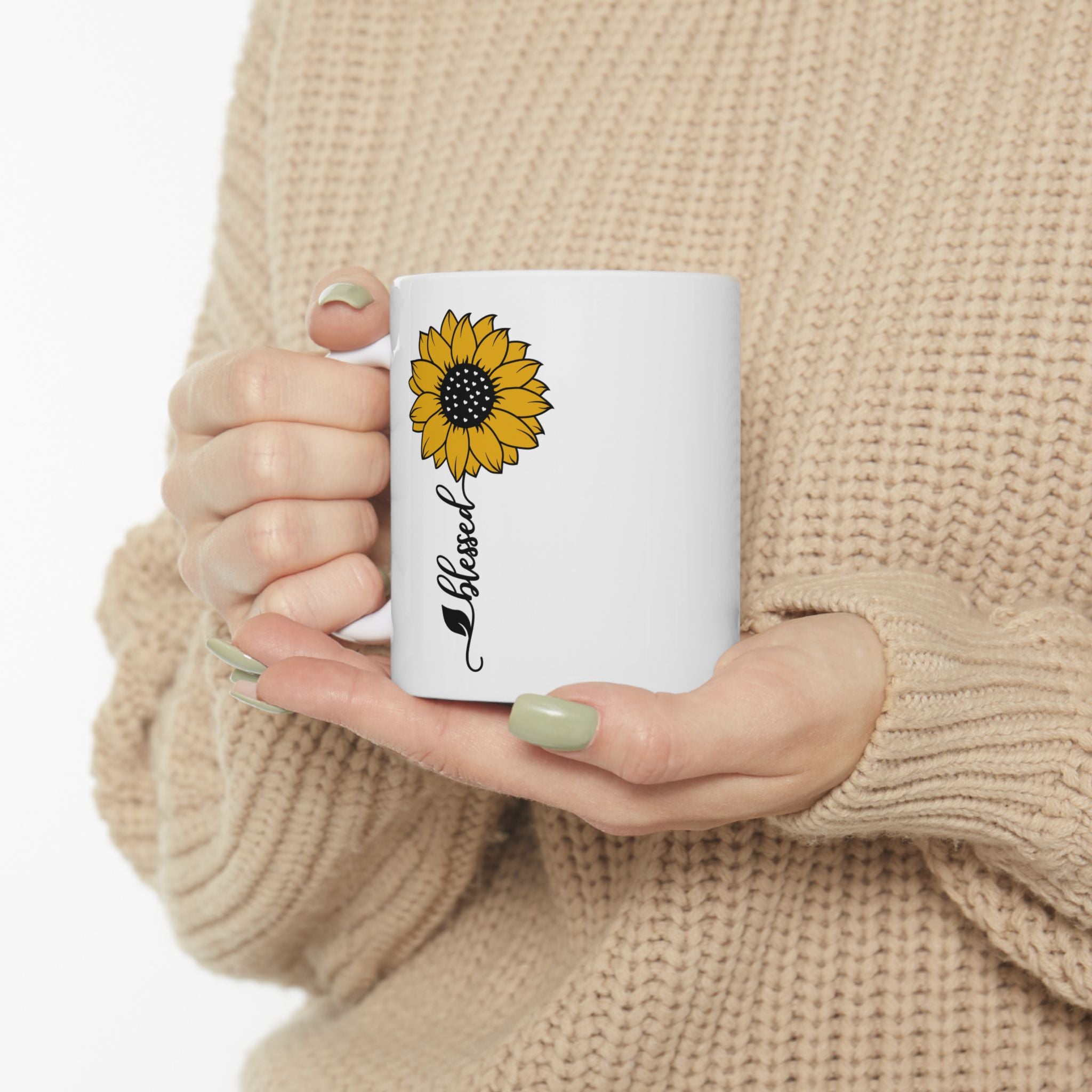 Retro Boho Sunflower Blessed Cursive Cute Novelty Coffee White Ceramic Gift Mug