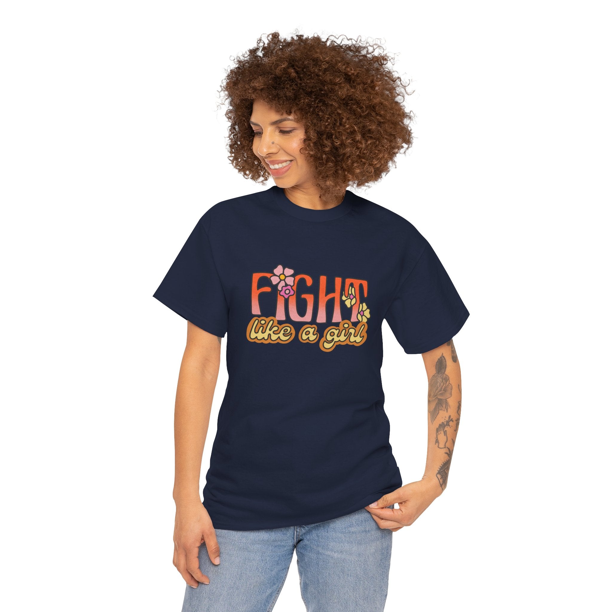 Fight Like A Girl Feminist Retro Flowers Unisex Graphic Novelty Shirt Tee