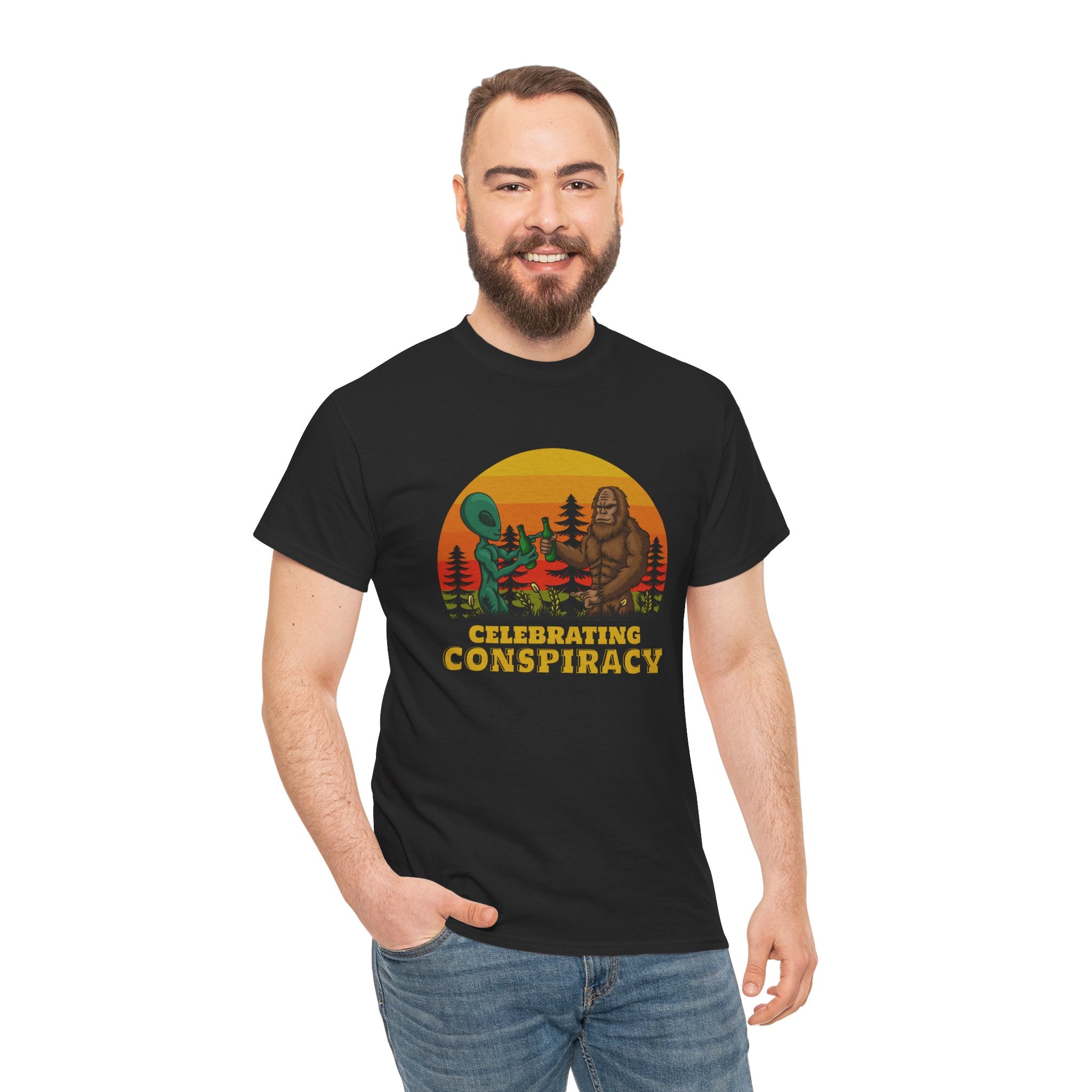 Funny Bigfoot Sasquatch Alien Conspiracy Outdoor Camping Sunset Unisex T-Shirt