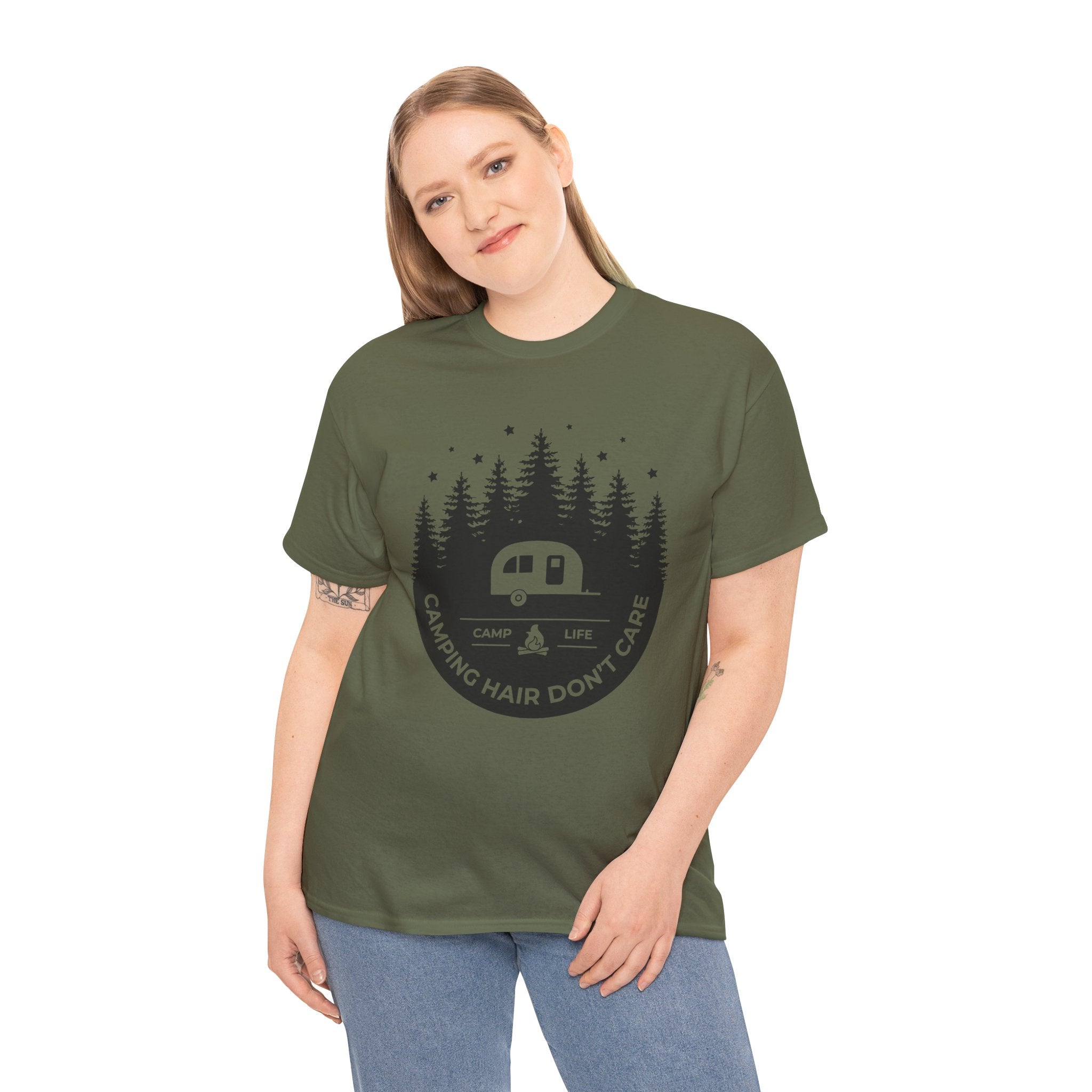 Funny Camping T-Shirt Camping Hair Don't Care Men's Women's Cute Outdoors Tee