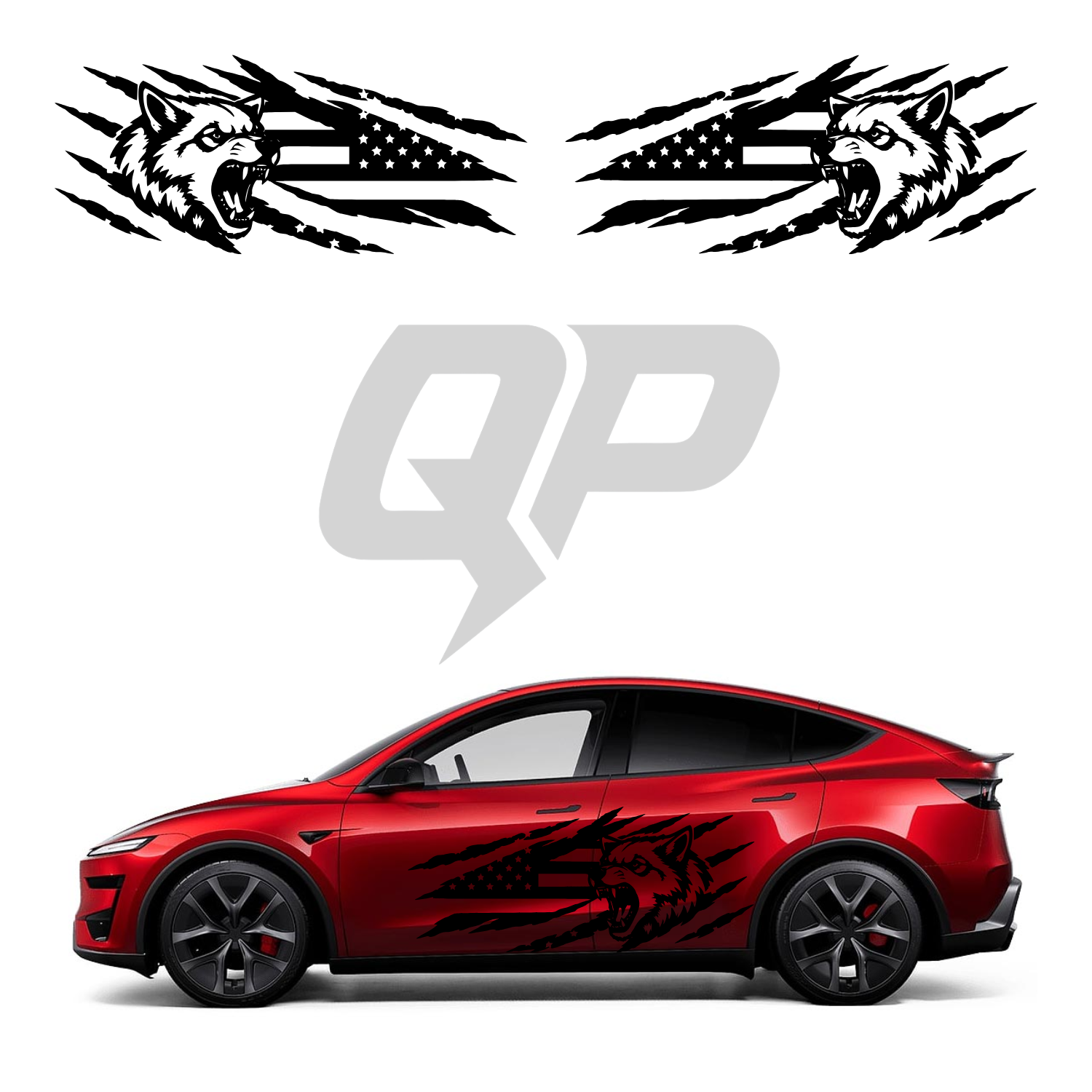 Tesla Model Y Wolf American Flag Claw Scratch Decal Kit