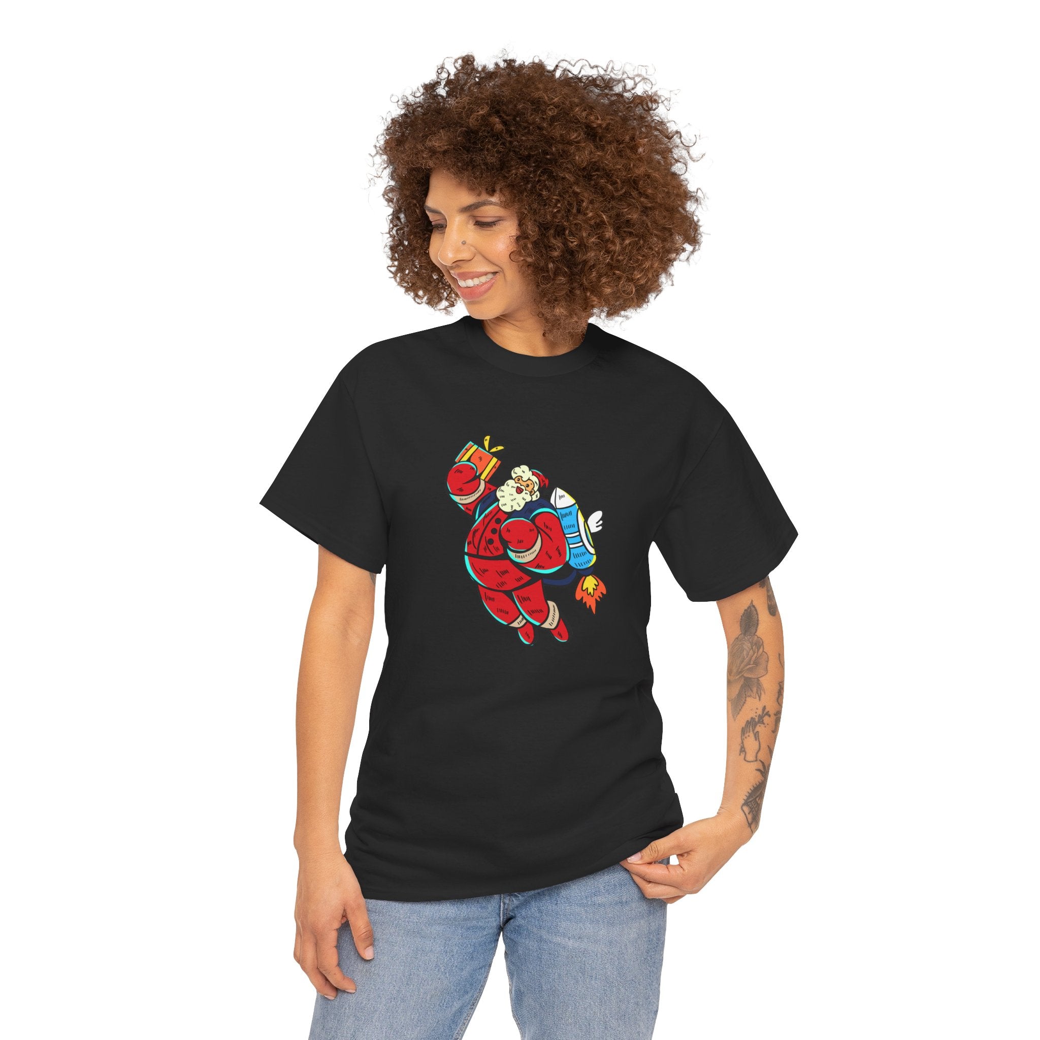 Santa Rocket Christmas Winter Holiday Unisex Heavy Cotton Tee