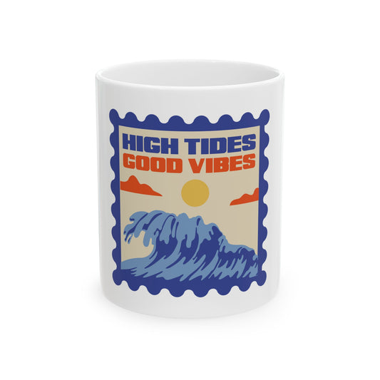 High Tides Good Vibes Surf Retro Graphic Novelty Ceramic Coffee Mug