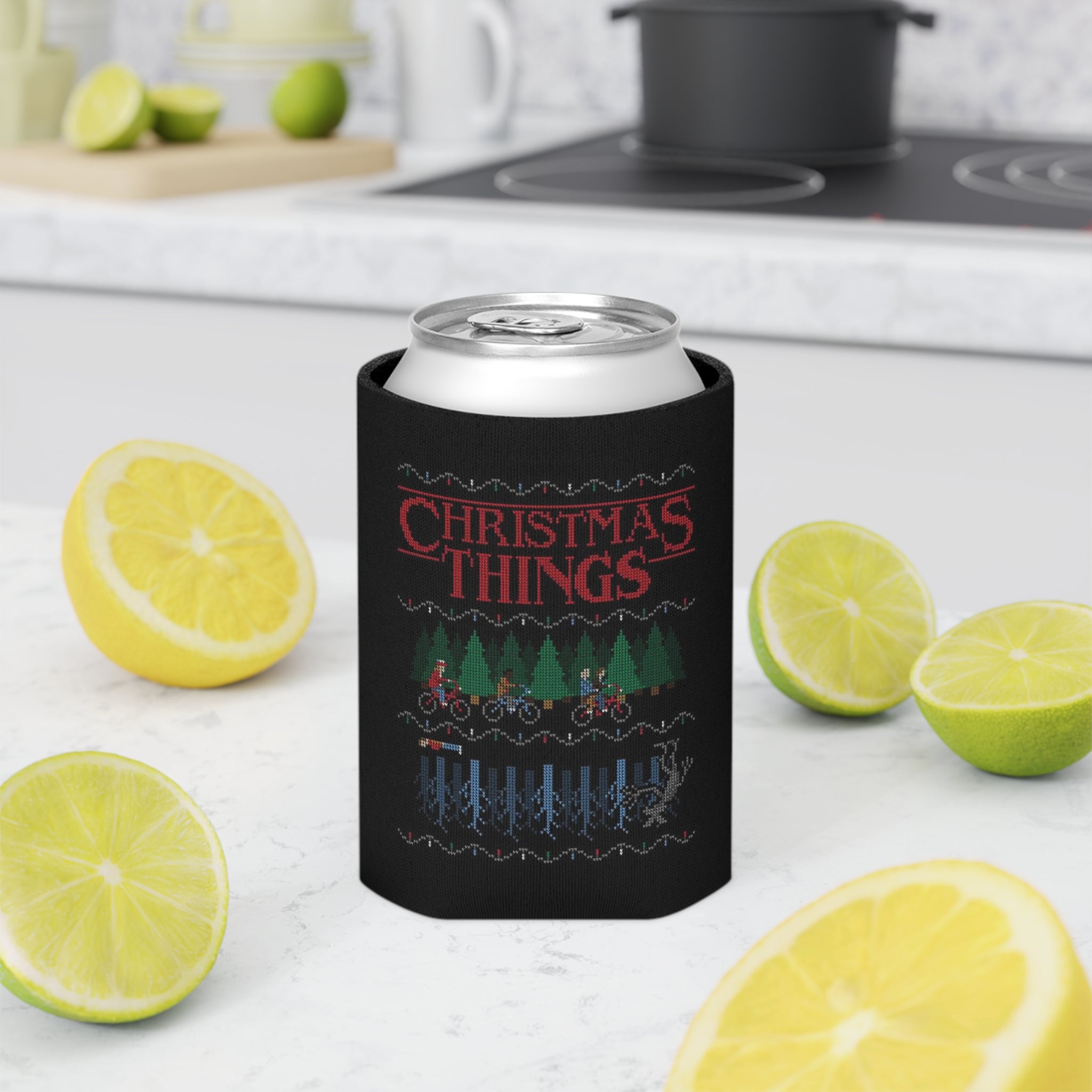 Christmas Things Stranger Things TV Show Beer Soda Holiday Can Cooler