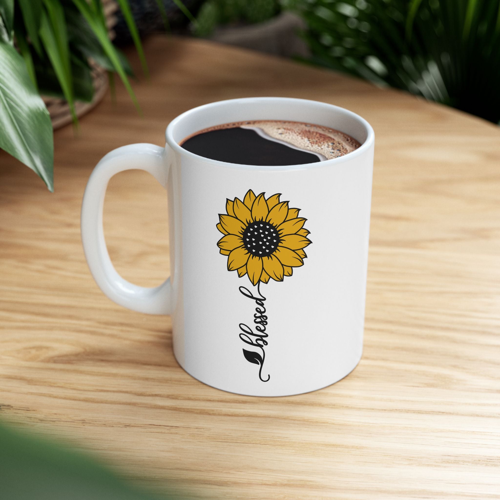 Retro Boho Sunflower Blessed Cursive Cute Novelty Coffee White Ceramic Gift Mug