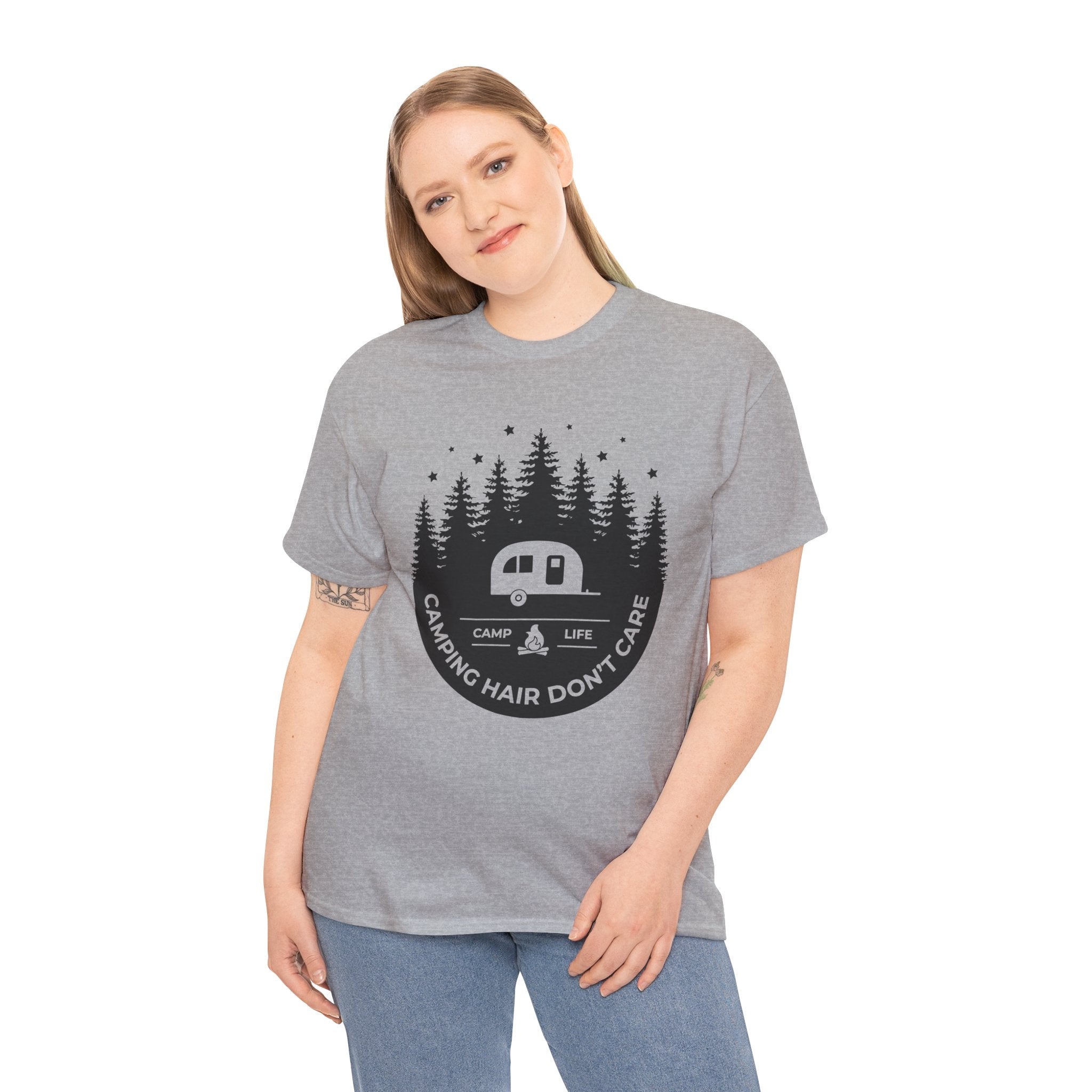 Funny Camping T-Shirt Camping Hair Don't Care Men's Women's Cute Outdoors Tee