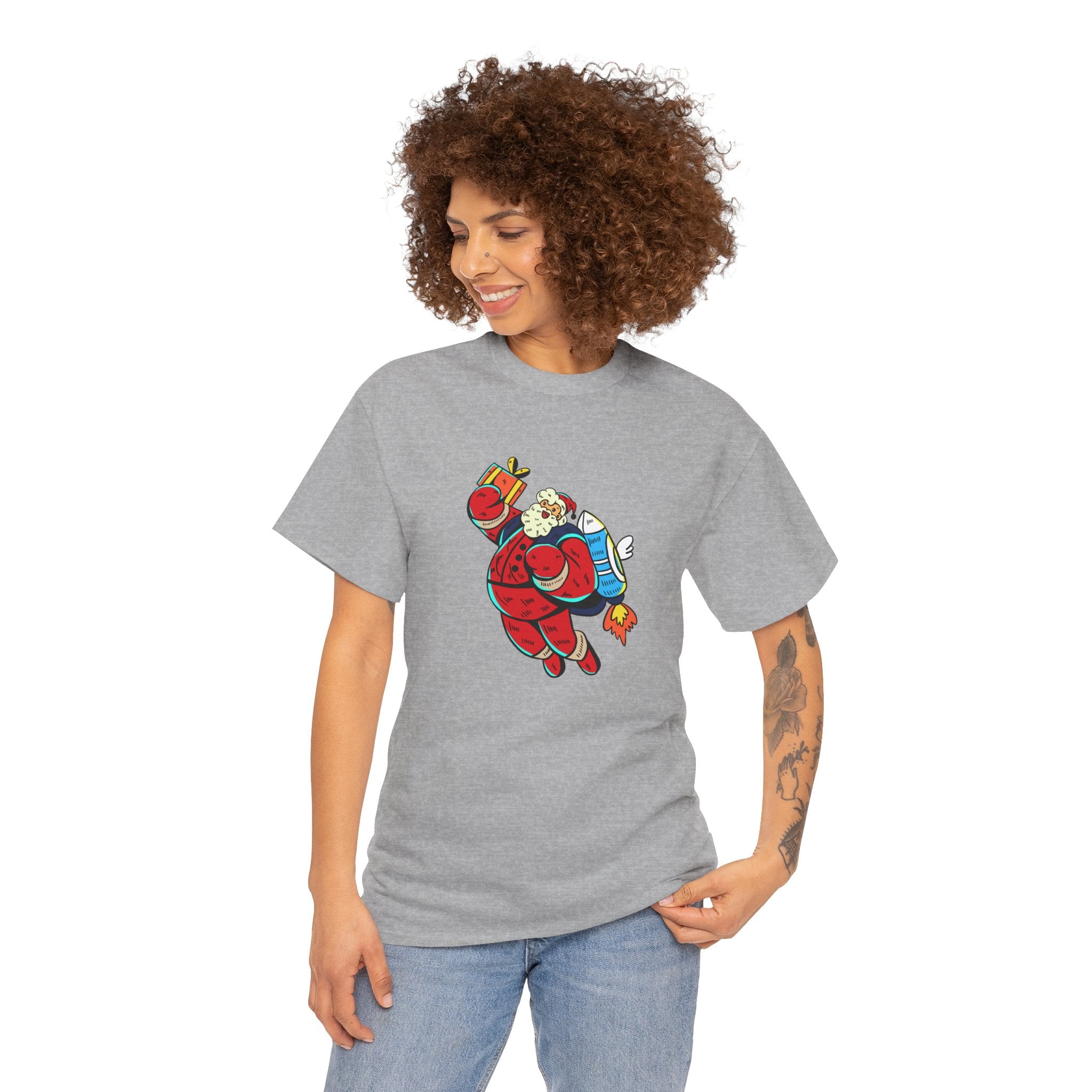 Santa Rocket Christmas Winter Holiday Unisex Heavy Cotton Tee