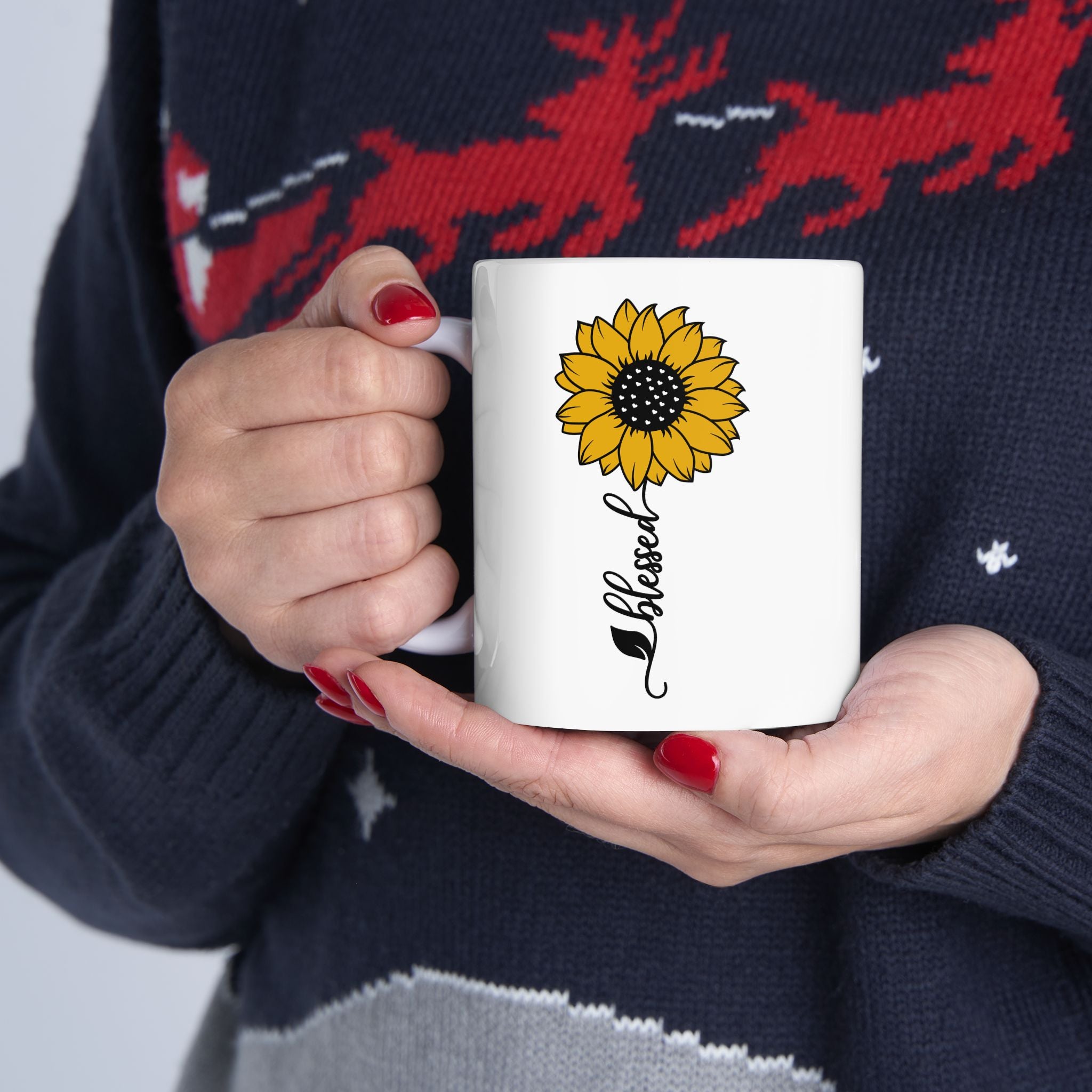 Retro Boho Sunflower Blessed Cursive Cute Novelty Coffee White Ceramic Gift Mug