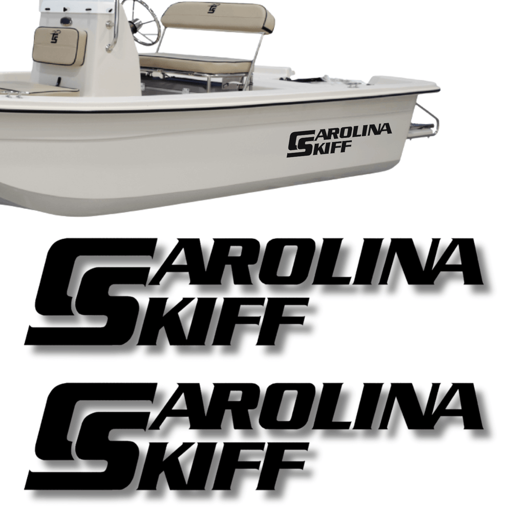 White Carolina Skiff boat with branding on a white background
