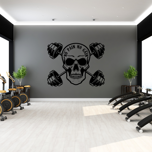 No Pain No Gain Skull Barbell Weights Motivational Gym Quote Vinyl Wall Decal