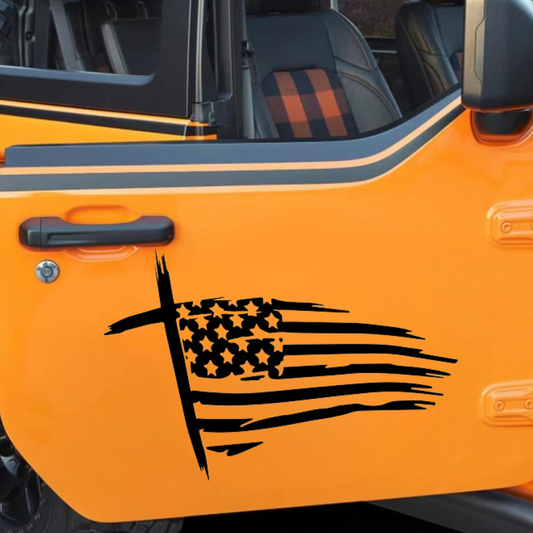 Jesus Christ Cross Faith Freedom Tattered American Flag USA Vinyl Window Bumper Hood Decal Universal For Car Truck
