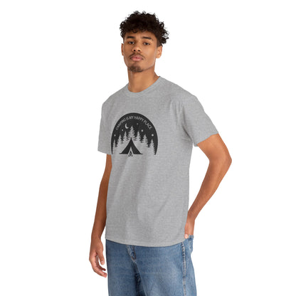 Camping T-Shirt Gifts Outdoors Hiking Camping Is my Happy Place Unisex Grey Tee
