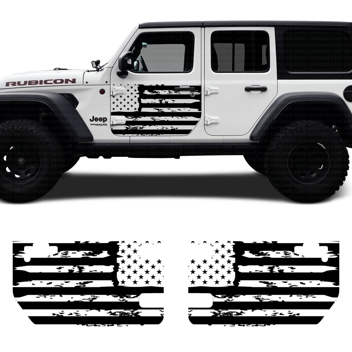 A set of two black and white patriotic door decals featuring a tattered USA flag design, intended for a Jeep Wrangler.