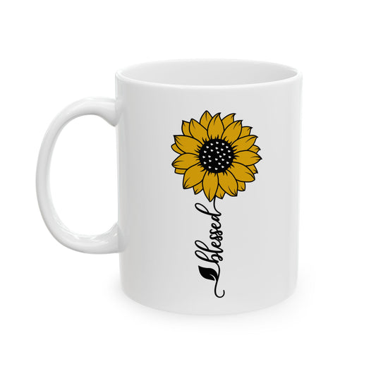 Retro Boho Sunflower Blessed Cursive Cute Novelty Coffee White Ceramic Gift Mug