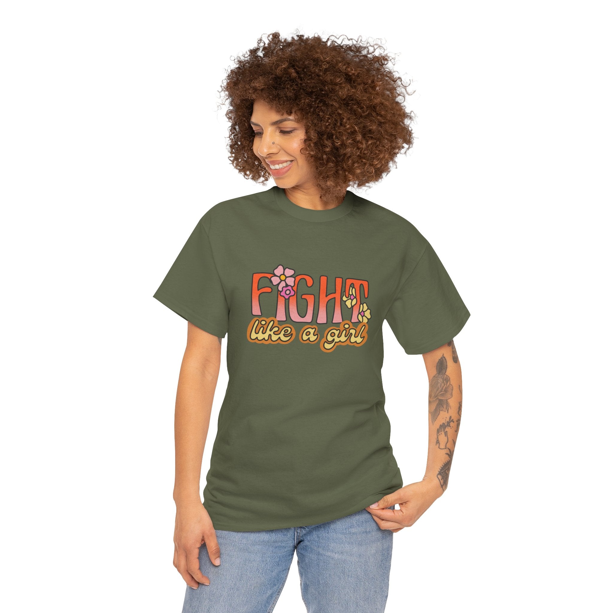 Fight Like A Girl Feminist Retro Flowers Unisex Graphic Novelty Shirt Tee