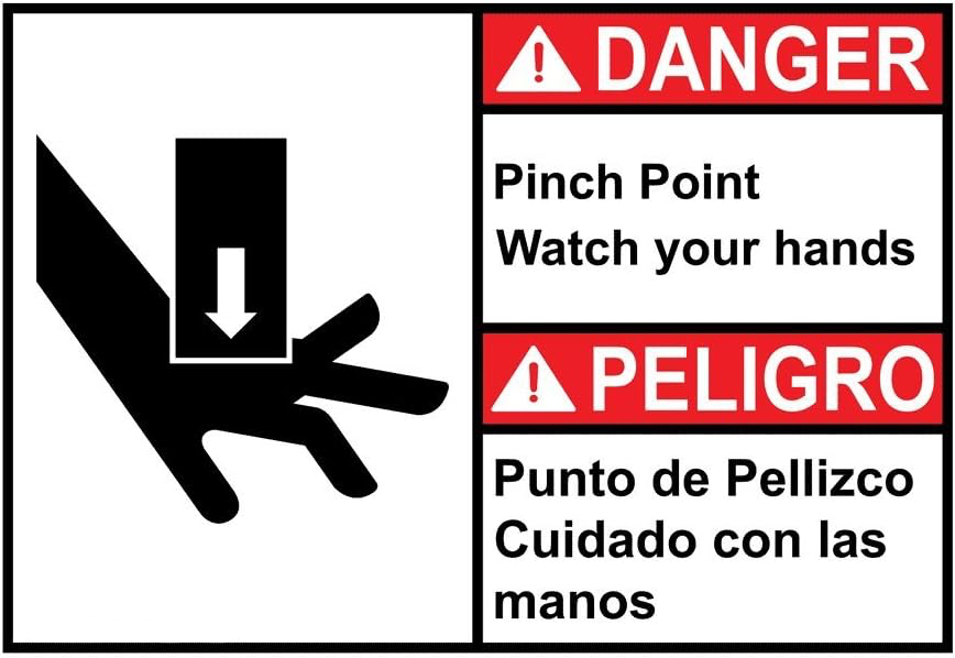 DANGER Pinch Point Watch Your Hands Bilingual Safety Label Decal 5x3.5 inch