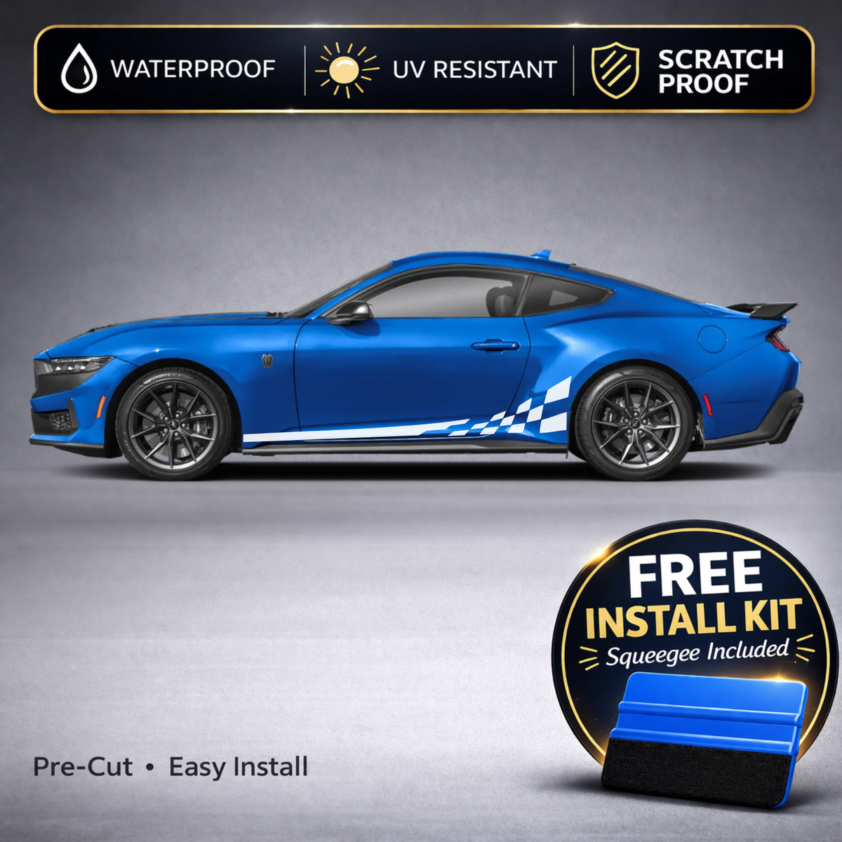 Ford Mustang GT Checkered Racing Stripe Decals - Two-Tone Rocker Panel Kit Set of 2 (2024-Present)