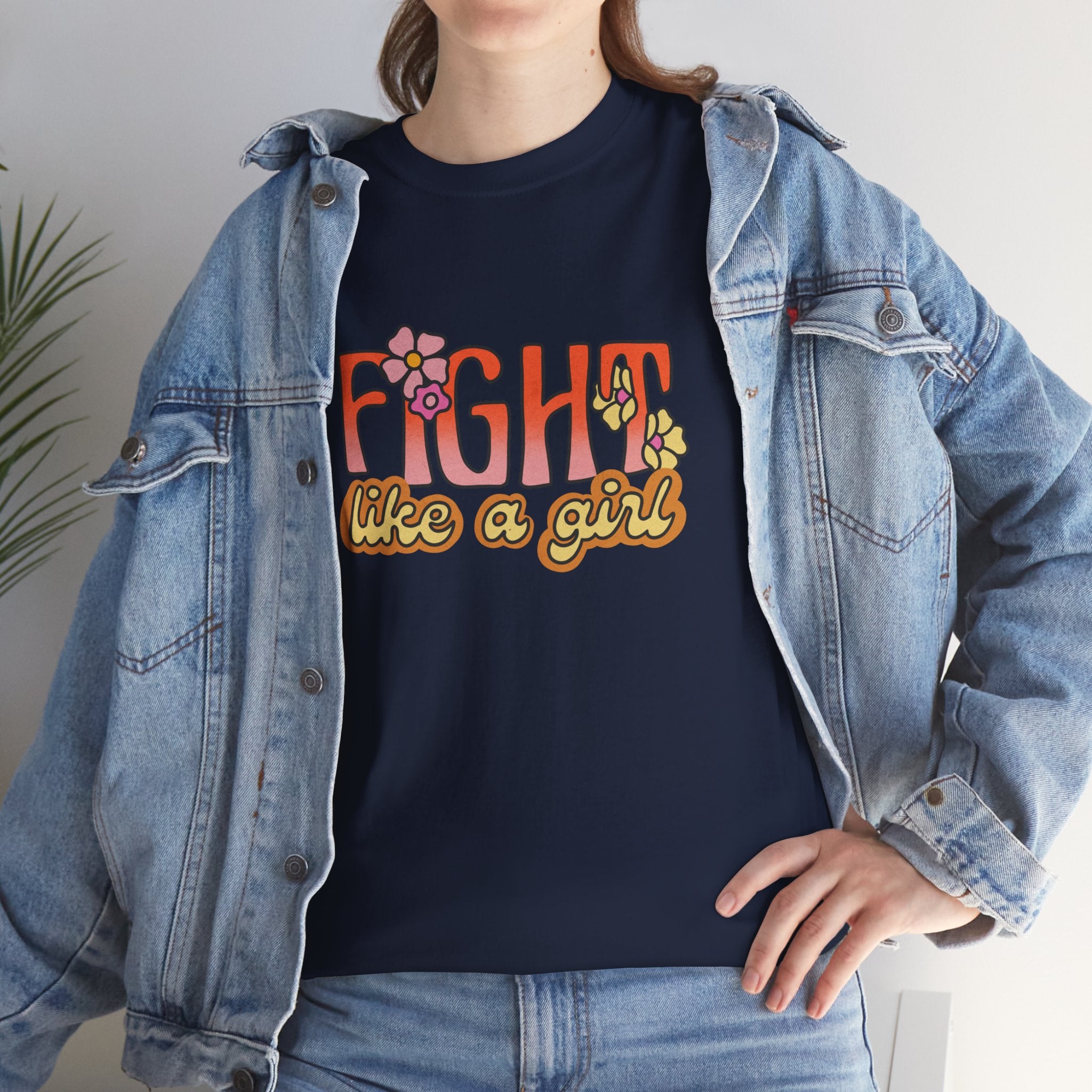 Fight Like A Girl Feminist Retro Flowers Unisex Graphic Novelty Shirt Tee